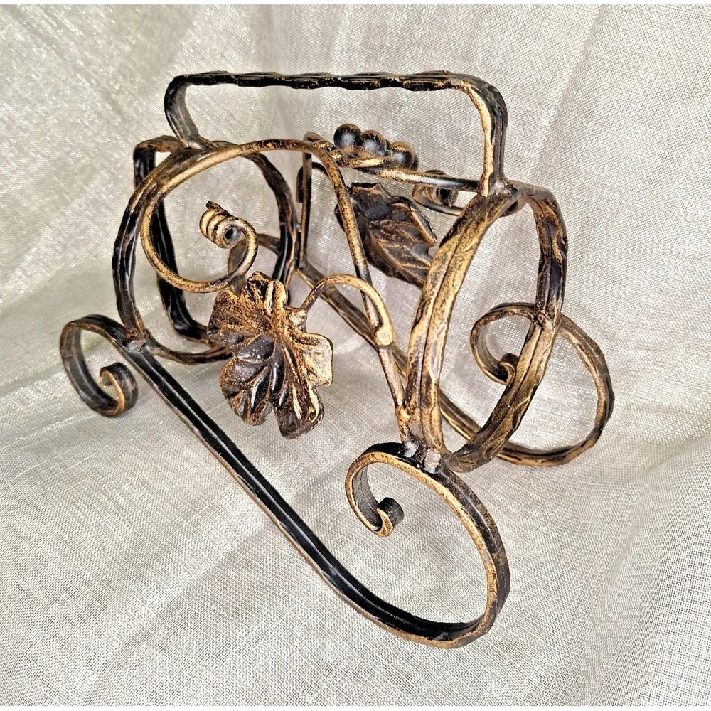 Wrought Iron Wine Bottle Holder Server Black Gilded Grapes Vines Antiqued Finish